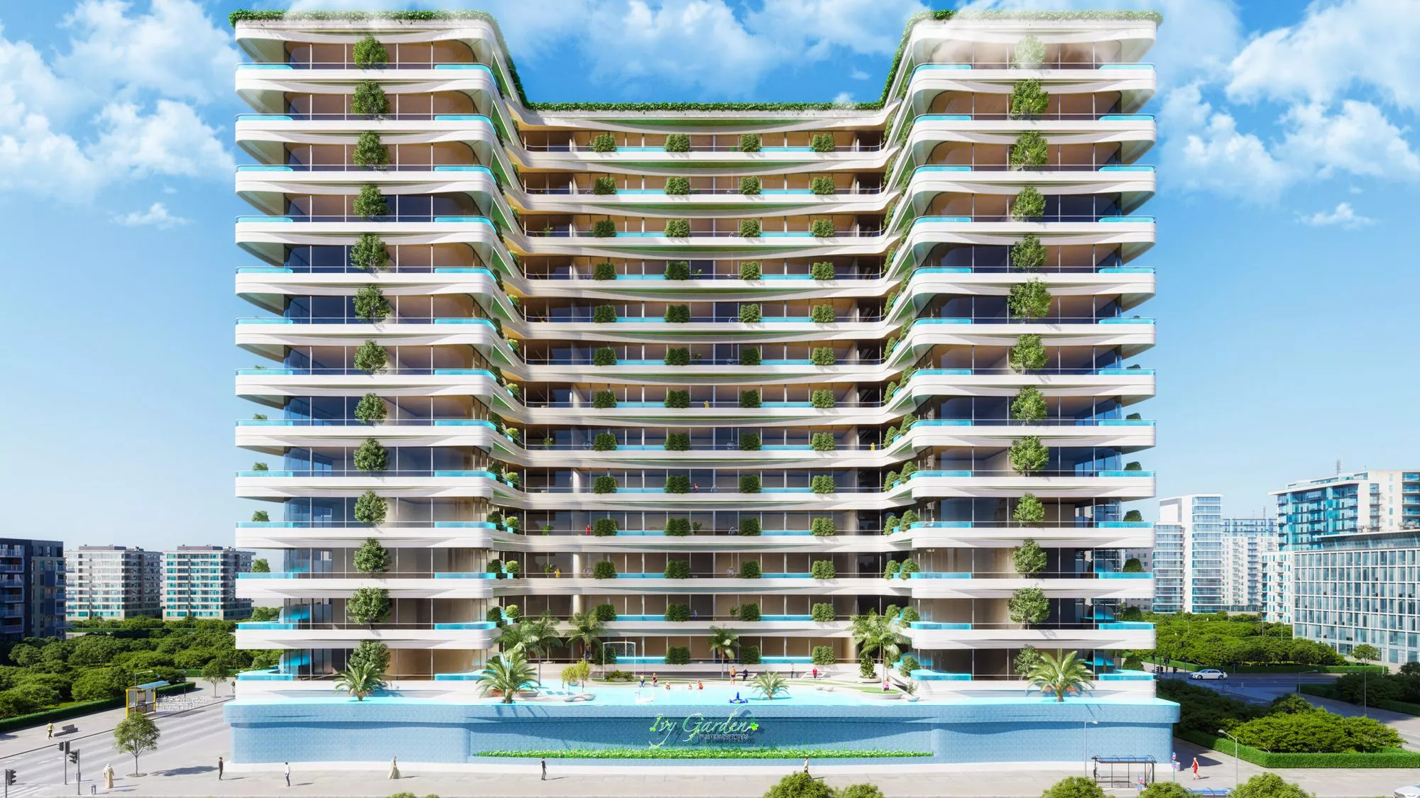 IVY Gardens, one and only spot for your dream home! Enjoy a private pool on the balcony with breathtaking views of the neighborhood and the communal pool. 
